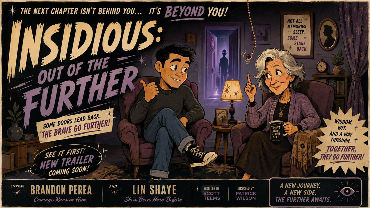 Insidious: Out of the Further(潜伏:更深之处)的好莱坞电影预告片中世纪剧院风卡通定格宣传横幅,以Brandon …, 图片 1