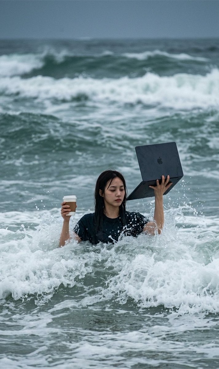 一张真实的抓拍风格照片，画面中的人物来自 [person from uploaded photo]，他/她站在齐胸深的汹涌海水中，周围是翻腾的…, 图片 1
