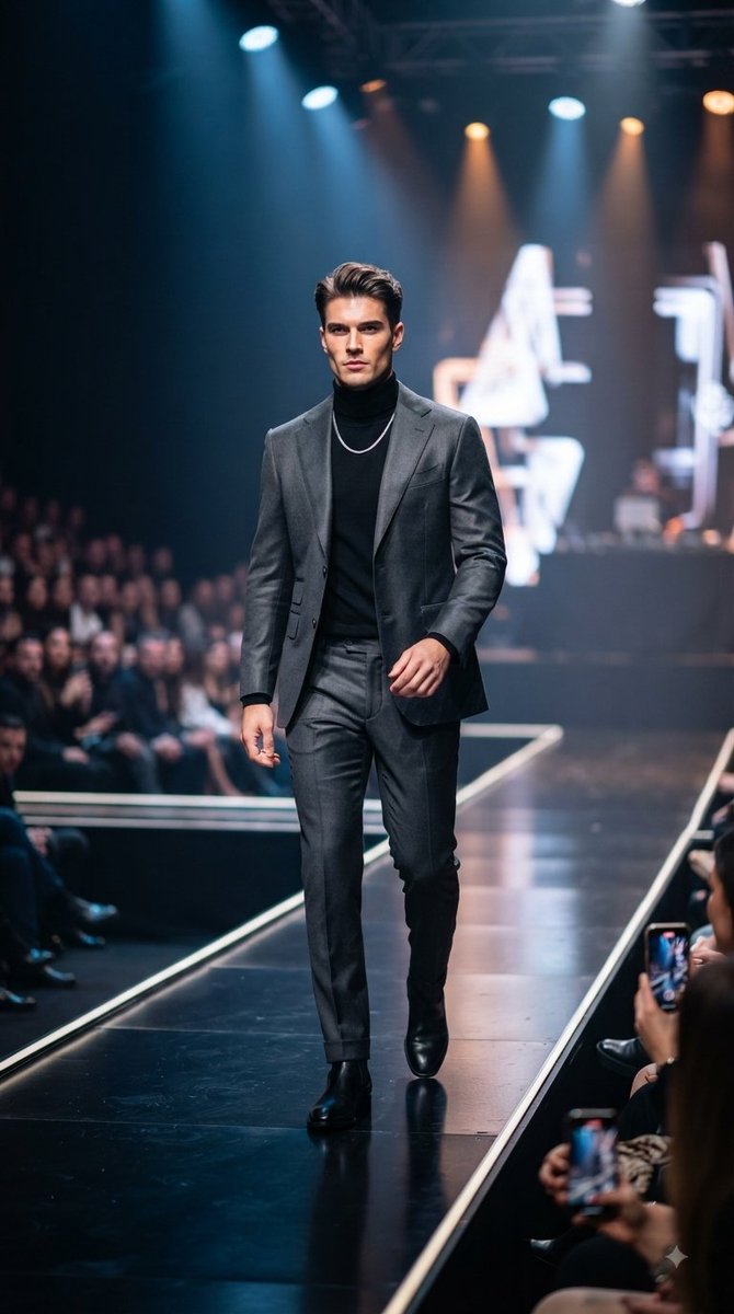 A full-body vertical photograph captures the handsome male model confidently wa…
