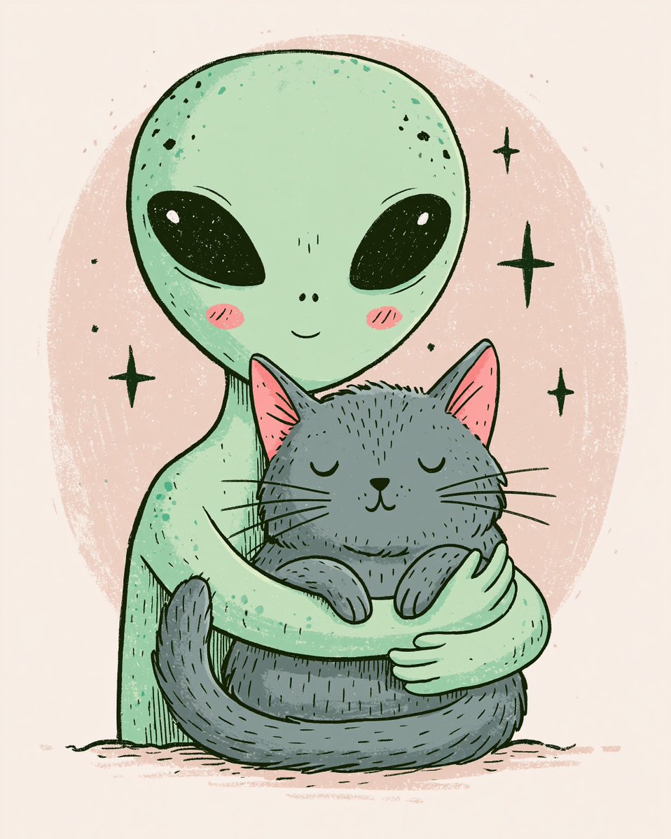 友善的外星人温柔地抱着一只放松的猫咪，异想天开又温馨感人的场景，不恐怖，手绘风格的插画，线条干净简洁，形状柔和圆润，表情富有表现力，柔和的粉彩…, 图片 1