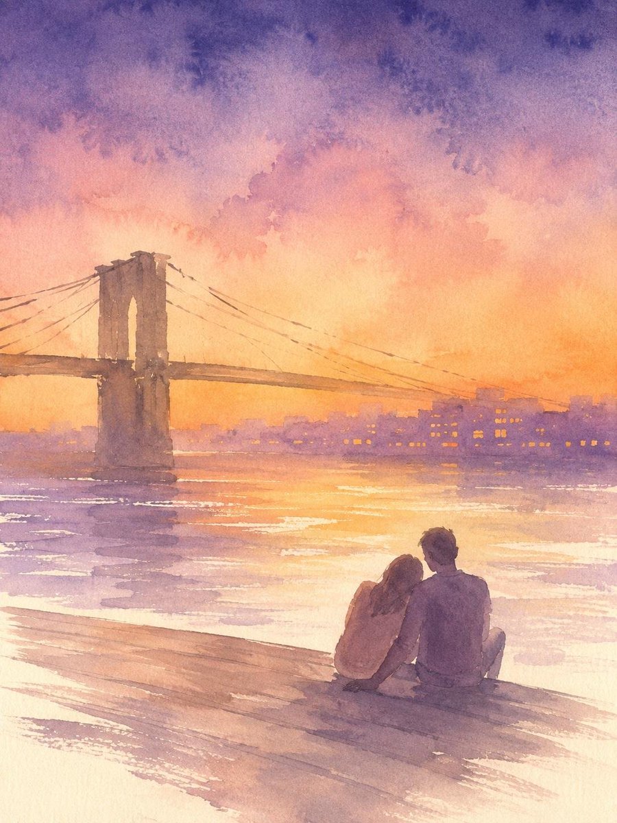 一幅从洛克菲勒中心观景台(Top of the Rock)日落时分绘制的松散湿润水彩画,向南眺望中城区,帝国大厦孤零零地从雾霭中升起。一对年轻…, 图片 1