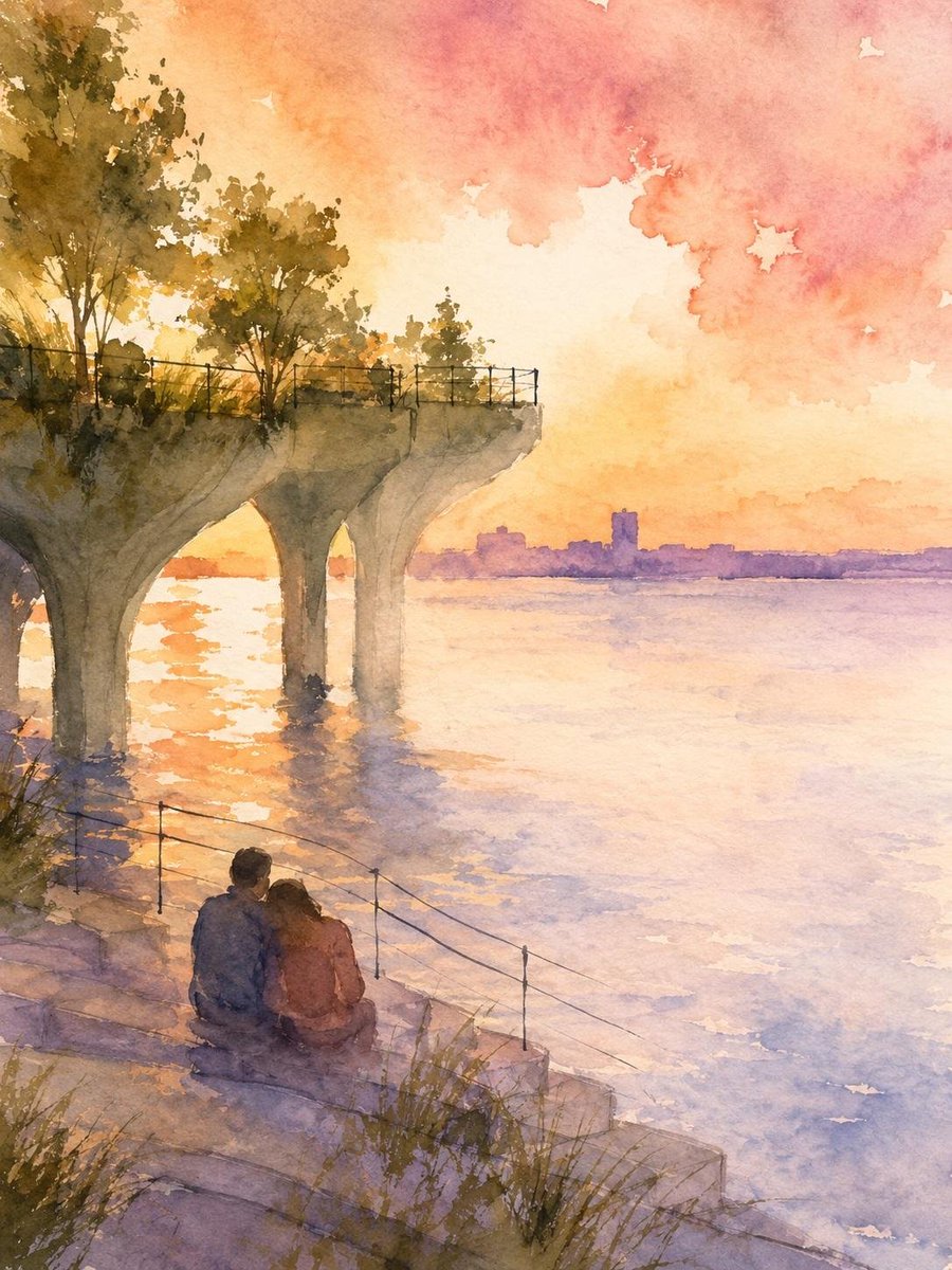 一幅从洛克菲勒中心观景台(Top of the Rock)日落时分绘制的松散湿润水彩画,向南眺望中城区,帝国大厦孤零零地从雾霭中升起。一对年轻…, 图片 2