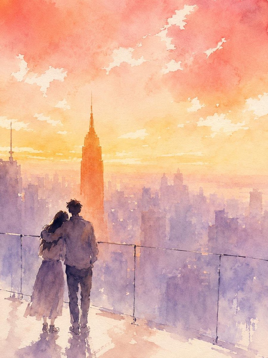 一幅从洛克菲勒中心观景台(Top of the Rock)日落时分绘制的松散湿润水彩画,向南眺望中城区,帝国大厦孤零零地从雾霭中升起。一对年轻…, 图片 3