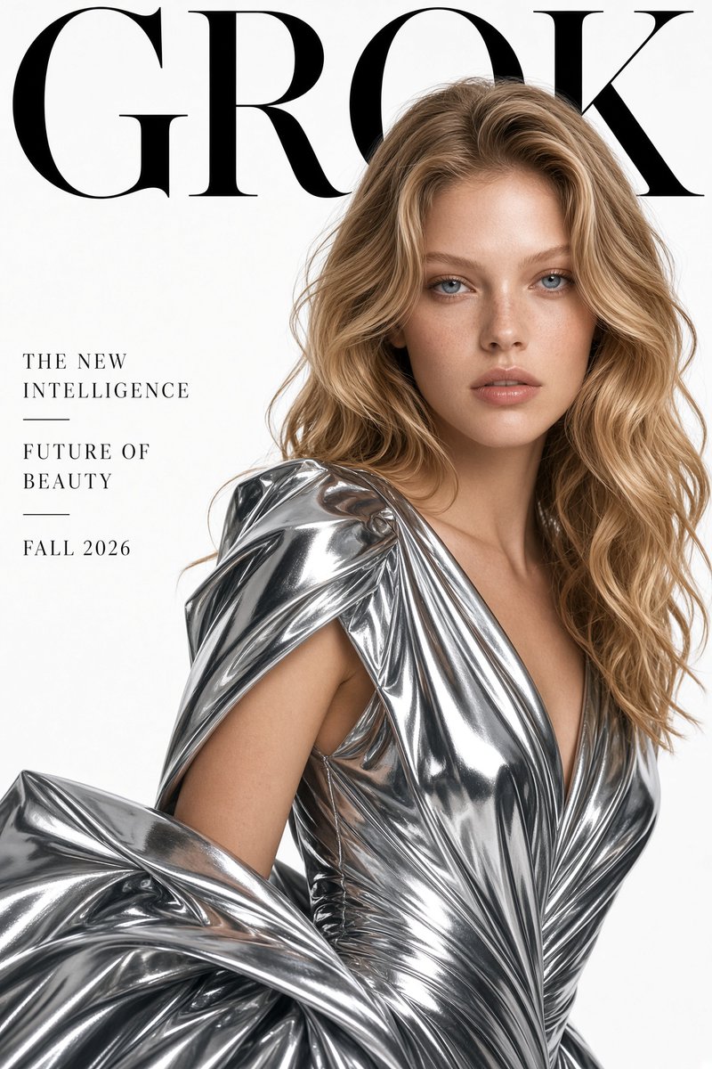《GROK》高端时尚《Vogue》风格杂志封面。极近景特写镜头，模特令人惊艳：年轻女性，肤色白皙，柔软蜜金色头发如波浪轻柔垂落，蓝色眼眸大而慑…, 图片 1