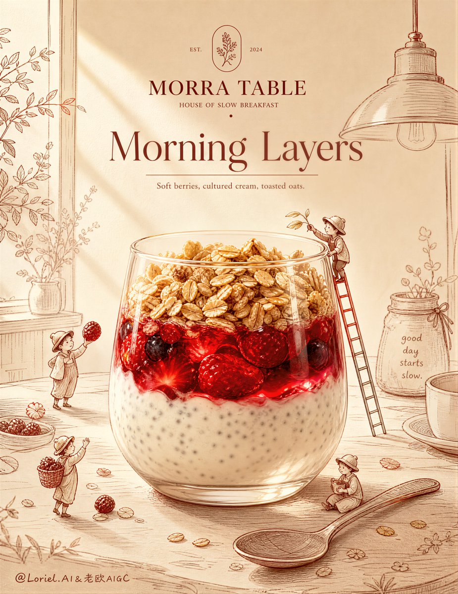为原创生活方式咖啡品牌 MORRA TABLE 创作一张超高端的早餐帕菲广告海报,采用戛纳级别的编辑风格美食大片形式,营造温暖的家居插画场景氛…, 图片 1