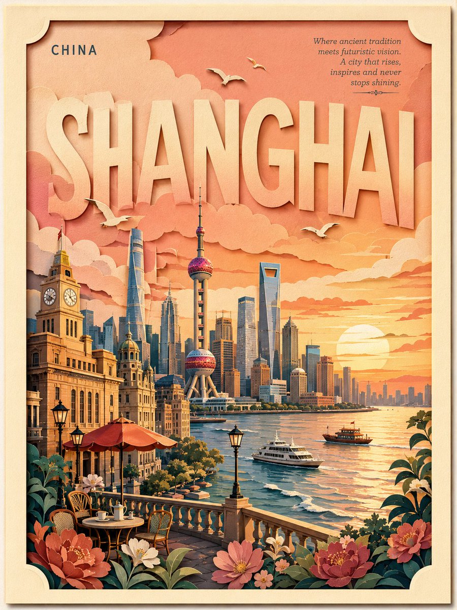 复古分层剪纸风格旅行海报,主题为{LOCATION},竖版构图,带有米色纹理边框和微妙的投影。巨大醒目的目的地标题融入天空之中,左上角有小号国…, 图片 1