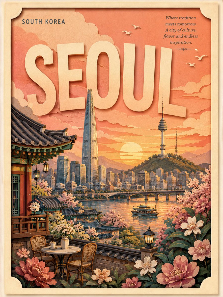 复古分层剪纸风格旅行海报,主题为{LOCATION},竖版构图,带有米色纹理边框和微妙的投影。巨大醒目的目的地标题融入天空之中,左上角有小号国…, 图片 2