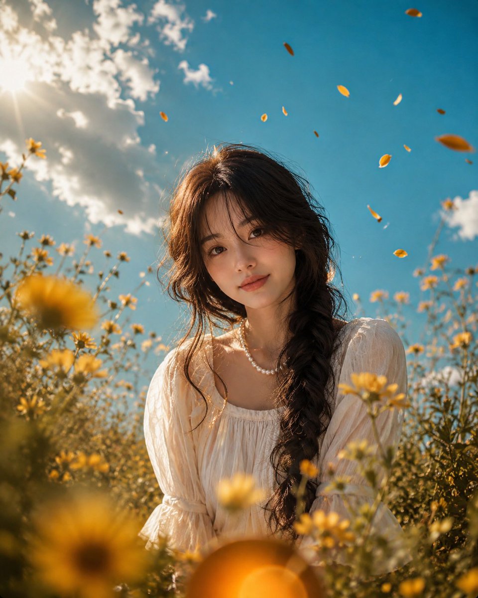 照片级真实感电影感照片,4:5 竖向画幅,从非常低的虫视角(贴草地/花丛高度)拍摄,使用广角镜头(24–28mm)。画面中央、胸部以下没入花丛…, 图片 1