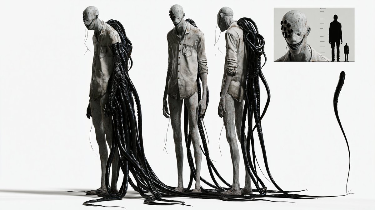 逼真 3D 生物设定图，纯白色影棚背景。一个荒诞的半人型生物——高挑瘦削，四肢细长，肩膀佝偻，比人类略大，皮肤苍白且带有斑驳纹理。它的头部近乎…, 图片 1