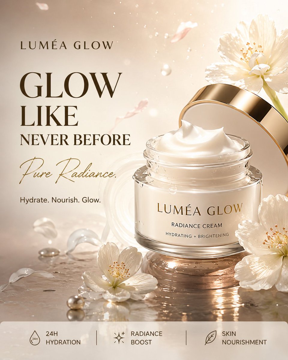 为一款名为“LUMÉA GLOW”的奢华面霜制作一张高端、照片级真实感的商业广告。竖版 4:5 构图，超写实 8K 美容产品摄影，高端护肤大片…, 图片 1