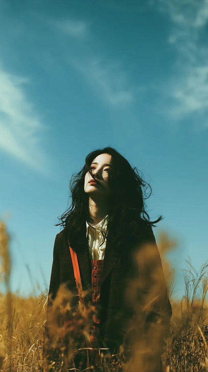 电影极简风格人像：一位美丽的年轻东亚女性独自站立在一片开阔的野花草地上，头顶是无尽的蓝天，她微微仰头，双眼或闭或半睁，仿佛在拥抱风。黑色长发自…, 图片 2