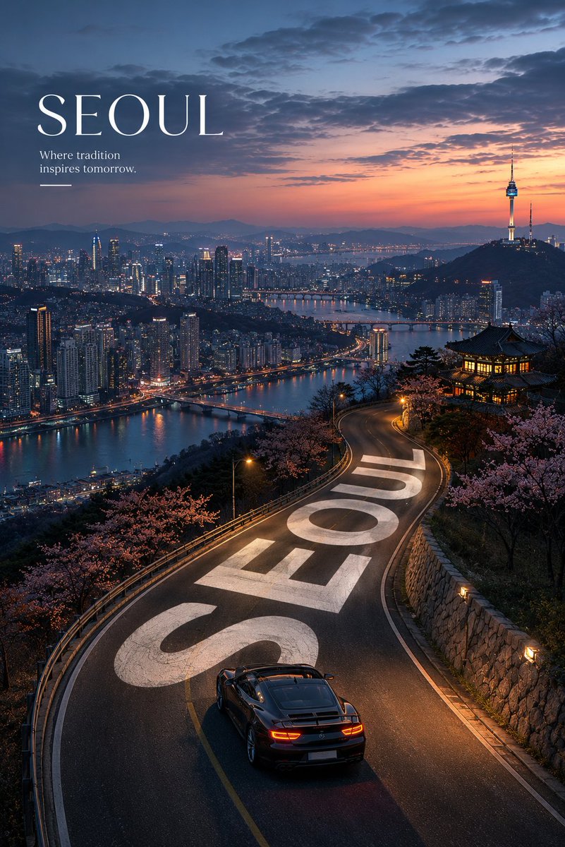 为 {LOCATION} 创作一张高端旅游宣传海报,采用强烈的竖向构图,以高空的航拍或景观视角俯瞰。一条绵长蜿蜒的公路应占据前景主导地位,并自…, 图片 2