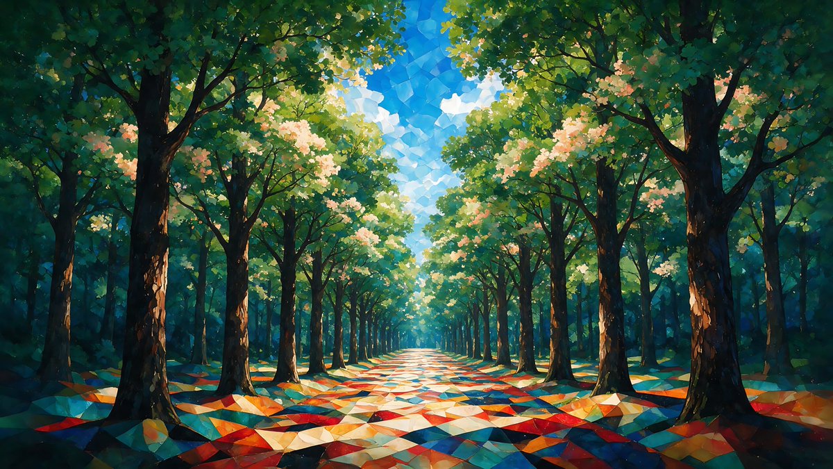 一幅高度精细的风格化美术森林场景，具有梦幻般的马赛克绘画美学，围绕一条对称的林荫大道和一个生动的宝石色调色彩世界构建。高大的深色树皮树木从两侧…, 图片 1