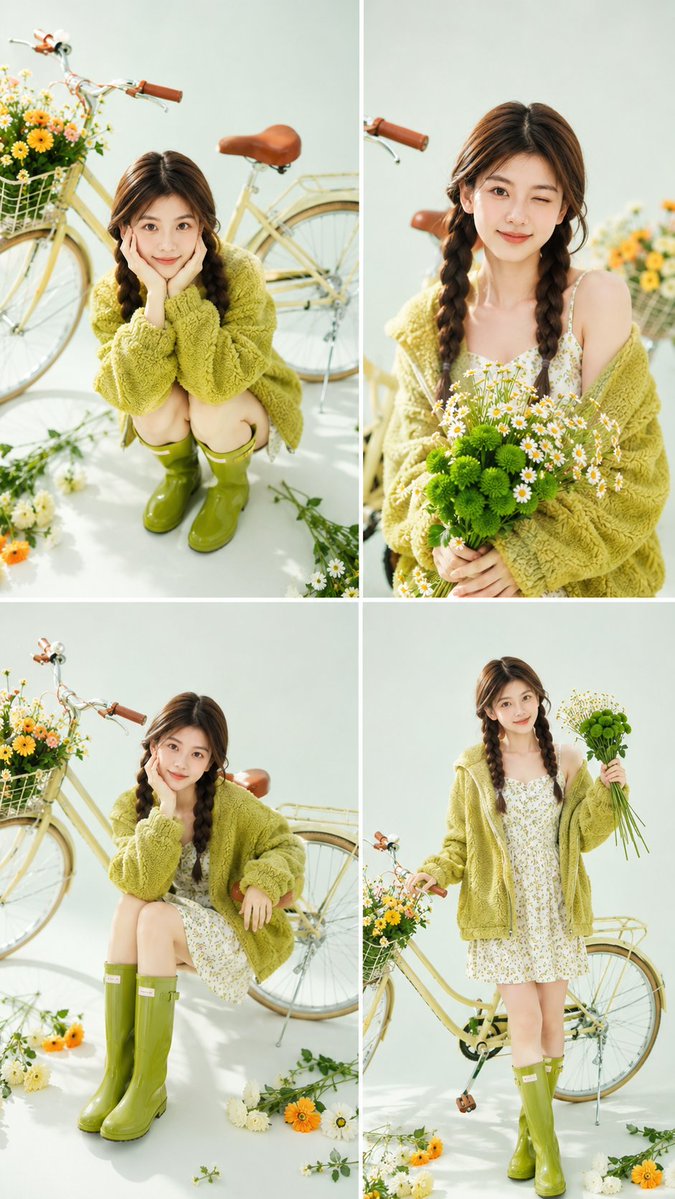 🌼 春日人像,由 GPT Image 生成。只需上传一张人像——模型会保留你的身份特征,并将其转化为一套完整的四张春日编辑大片,包含自然姿势…, 图片 1