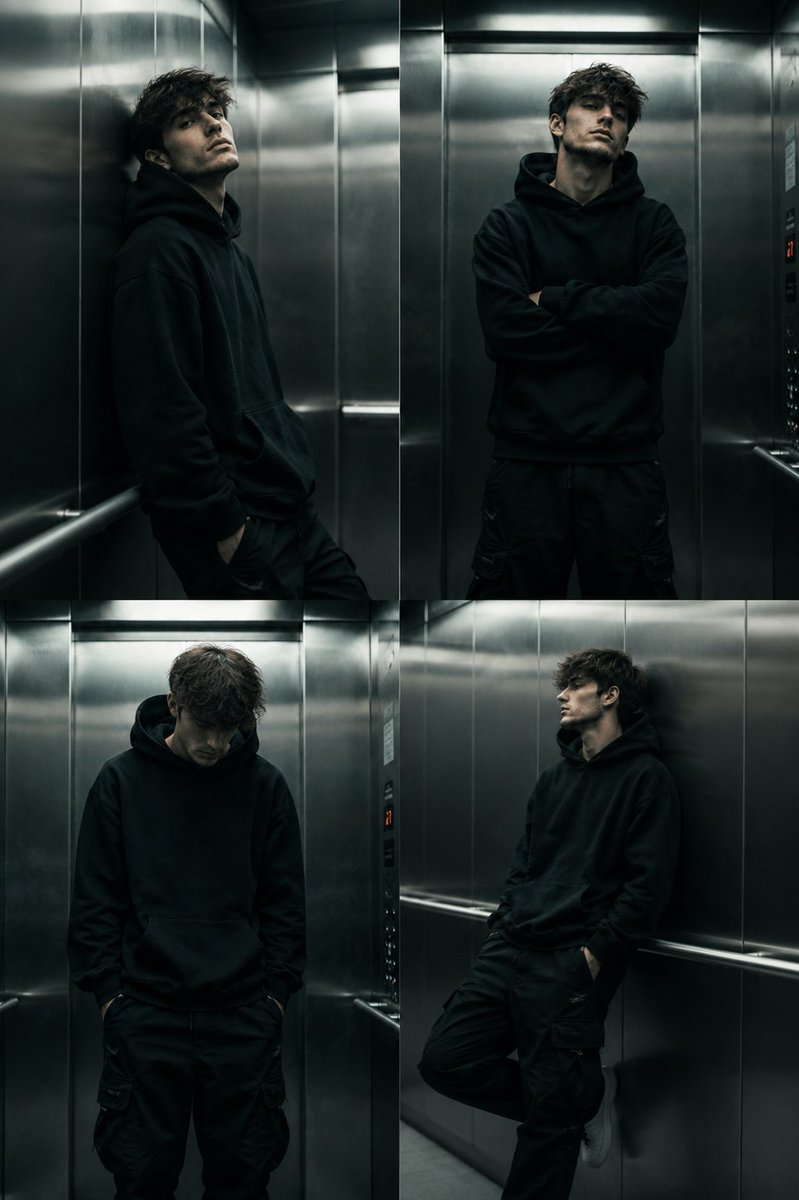 创作一幅电影感的都市写实风格人像：一个年轻男子站立在无菌不锈钢电梯内。他有着蓬乱、凌乱的深棕色头发，真实的皮肤质感，眼下有细微阴影，淡淡的胡茬…, 图片 1