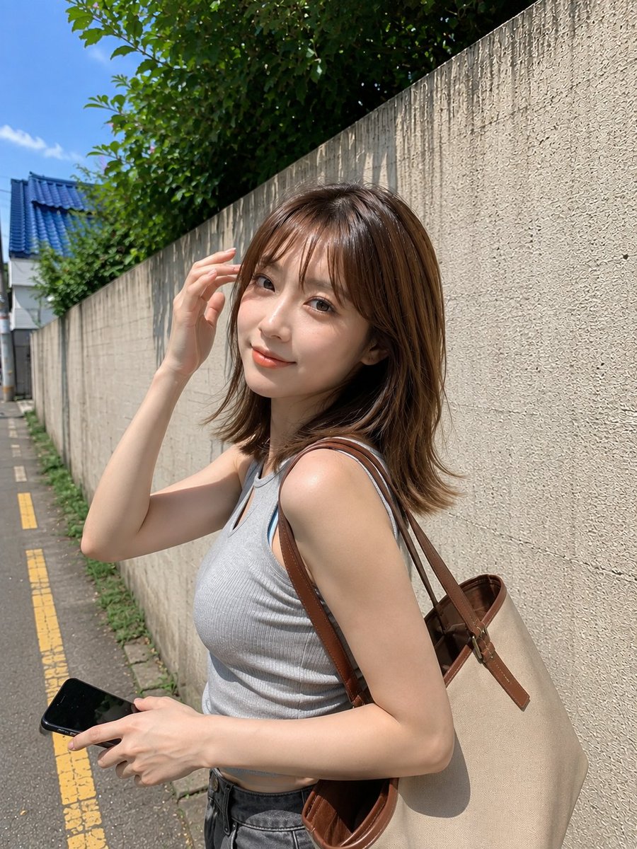 超写实的抓拍户外智能手机摄影照片：一位年轻的东亚女性站在一座质感粗糙的浅灰色混凝土墙旁，拍摄于阳光明媚的白天。她有着齐肩的直发，淡棕色发色，带…, 图片 1