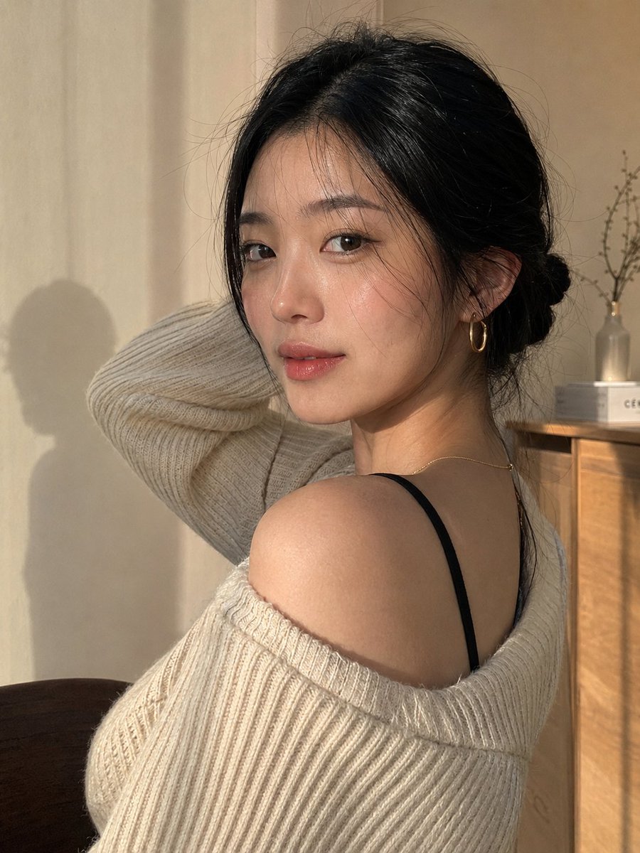 创作一张极致逼真、令人无法划走的肖像:一位美丽的年轻东亚女性身处温馨极简的室内,在自然转头看向镜头的转瞬之间被定格。, 图片 1