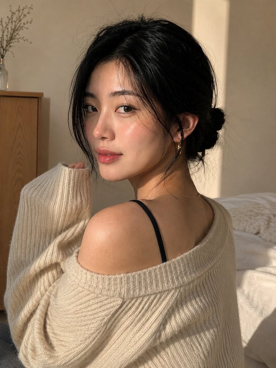 创作一张极致逼真、令人无法划走的肖像:一位美丽的年轻东亚女性身处温馨极简的室内,在自然转头看向镜头的转瞬之间被定格。, 图片 2