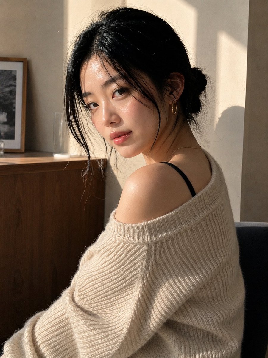 创作一张极致逼真、令人无法划走的肖像:一位美丽的年轻东亚女性身处温馨极简的室内,在自然转头看向镜头的转瞬之间被定格。, 图片 3