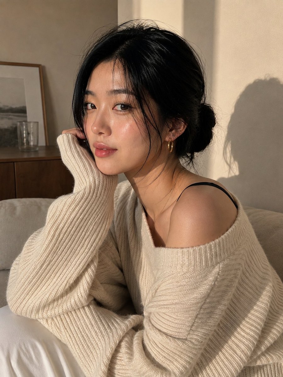 创作一张极致逼真、令人无法划走的肖像:一位美丽的年轻东亚女性身处温馨极简的室内,在自然转头看向镜头的转瞬之间被定格。, 图片 4