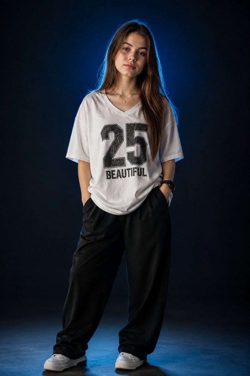一张照片写实风格的时尚人像照:一位年轻女性在摄影棚中自信地站立,身穿宽松白色V领T恤,胸前印有粗犷做旧风格的醒目“25 BEAUTIFUL”图…, 图片 1