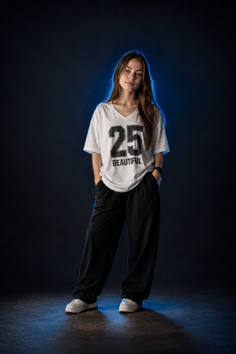 一张照片写实风格的时尚人像照:一位年轻女性在摄影棚中自信地站立,身穿宽松白色V领T恤,胸前印有粗犷做旧风格的醒目“25 BEAUTIFUL”图…, 图片 2