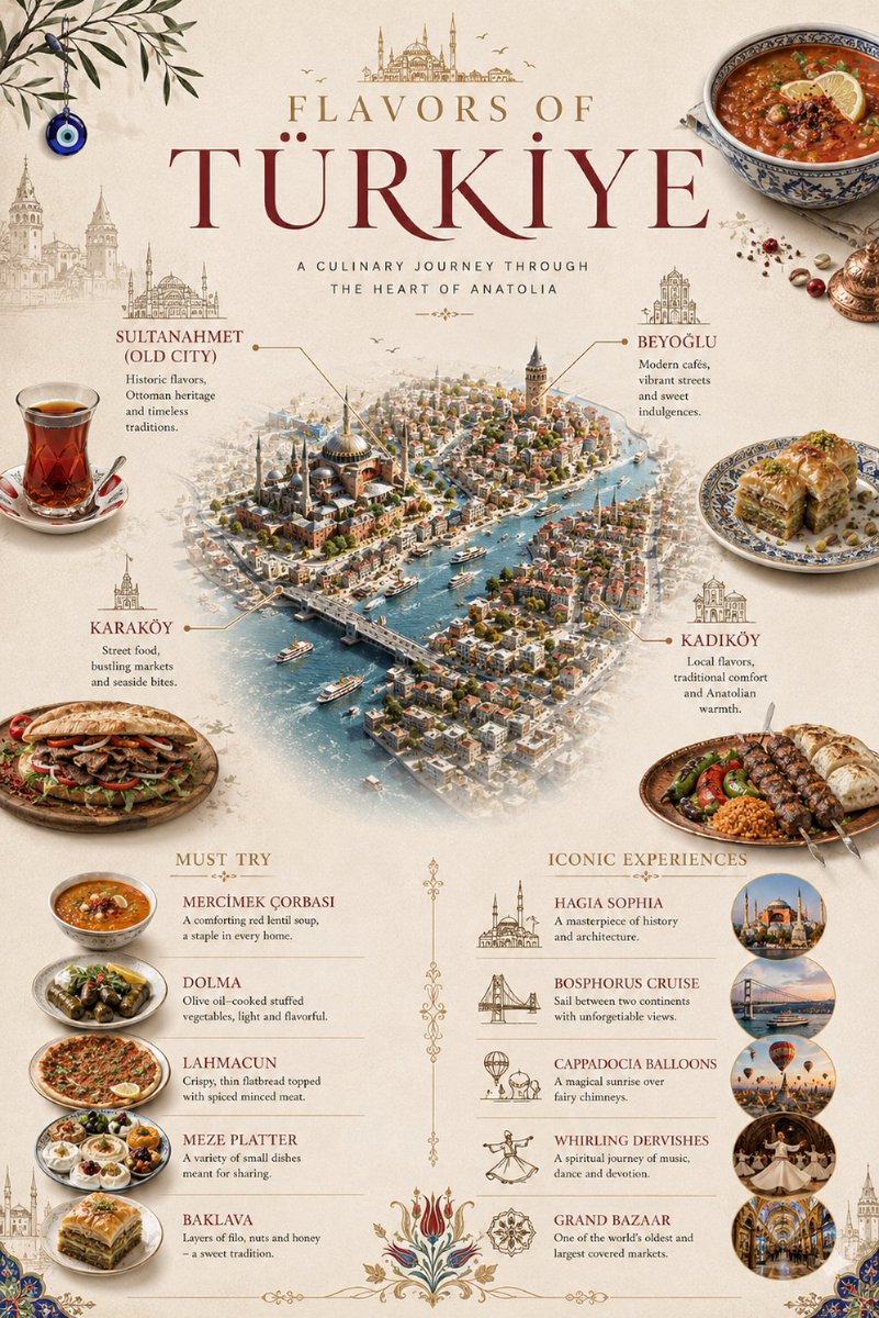 创作一款时尚、极简的高端美食旅行信息图,标题为“FLAVORS OF TÜRKİYE”(土耳其风味),副标题为“A CULINARY JOUR…, 图片 1