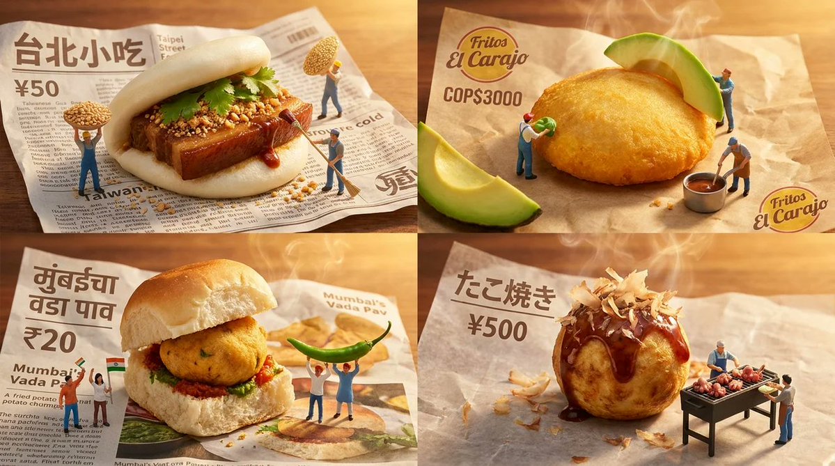2x2 网格, 16:9, 为 4 种被低估的街头小吃各做一张 : { "Aesthetic": "微缩食物立体模型, 文化字体排版", "S…, 图片 1