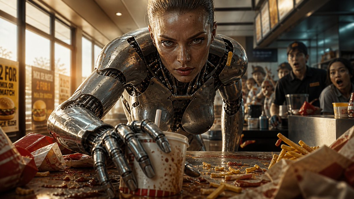 Robot woman terrorizes fast food 1. Photo: Photorealistic culinary photography …