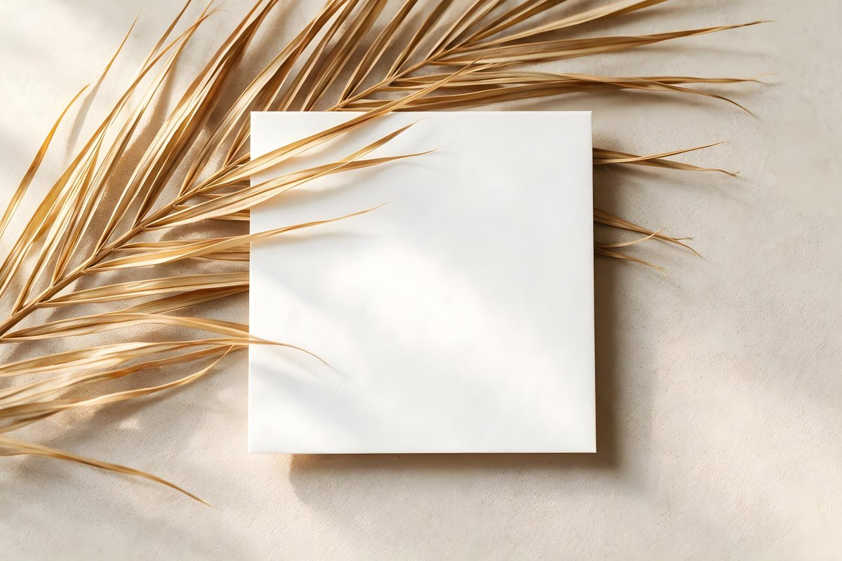 A high-end, professional mockup image of a square white card centered on a subt…