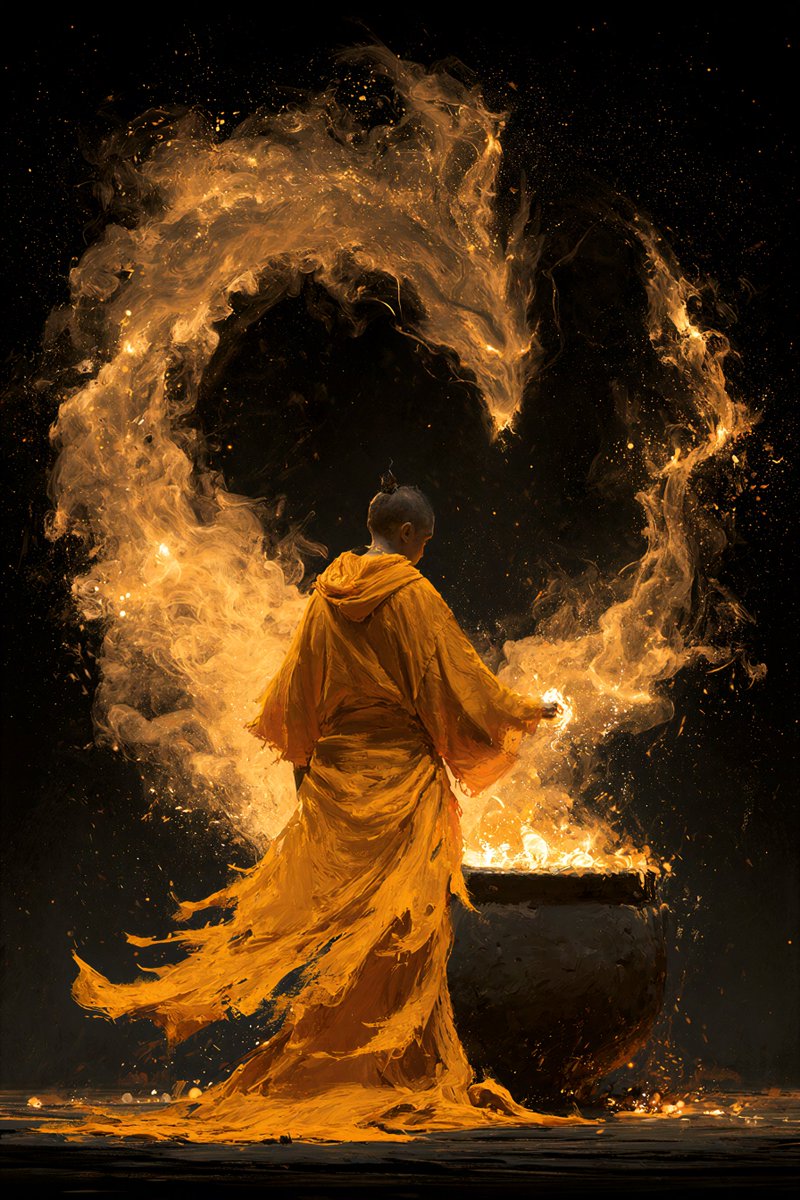 一个神秘的场景,一个人物身披飘逸鲜艳的黄色破旧长袍,站在一口大锅前,将发光的魔法材料投入锅中。从锅中升起一条壮丽的火焰巨龙,它由旋绕的发光烟雾…, 图片 1