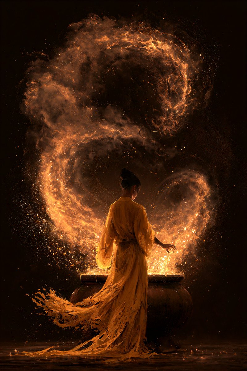 一个神秘的场景,一个人物身披飘逸鲜艳的黄色破旧长袍,站在一口大锅前,将发光的魔法材料投入锅中。从锅中升起一条壮丽的火焰巨龙,它由旋绕的发光烟雾…, 图片 2