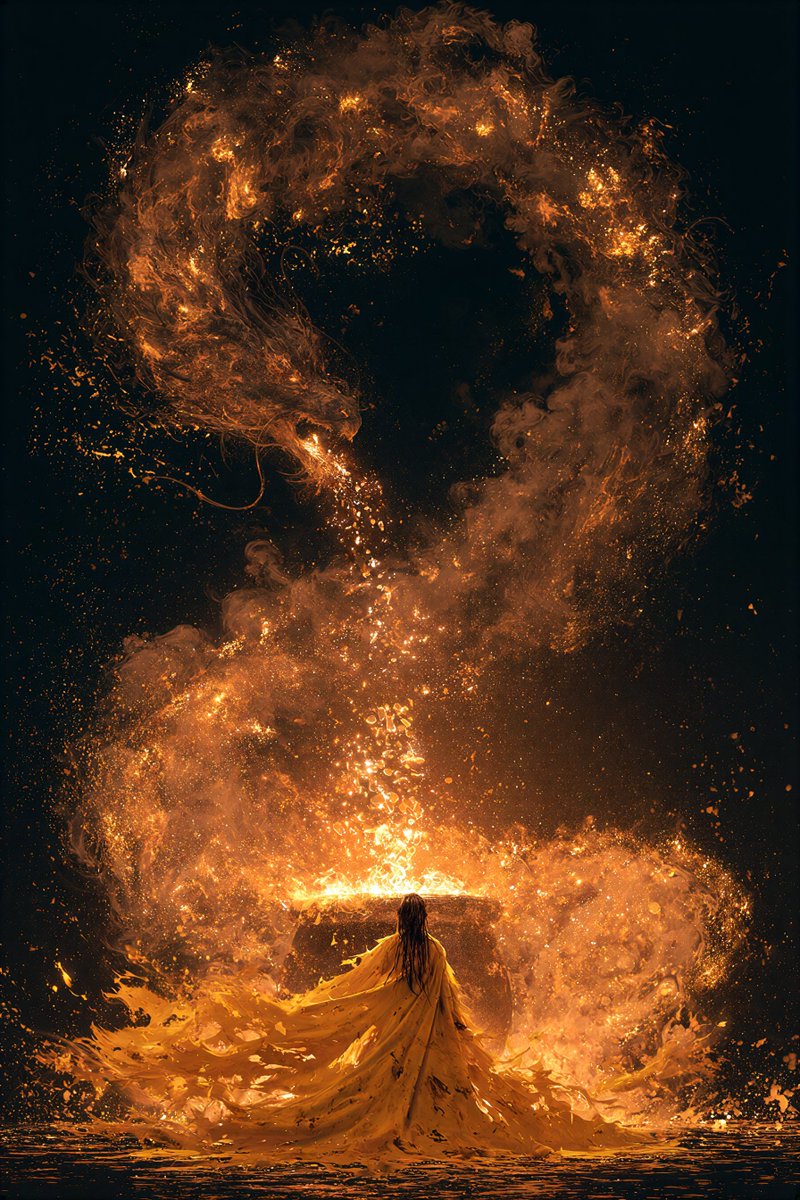 一个神秘的场景,一个人物身披飘逸鲜艳的黄色破旧长袍,站在一口大锅前,将发光的魔法材料投入锅中。从锅中升起一条壮丽的火焰巨龙,它由旋绕的发光烟雾…, 图片 3