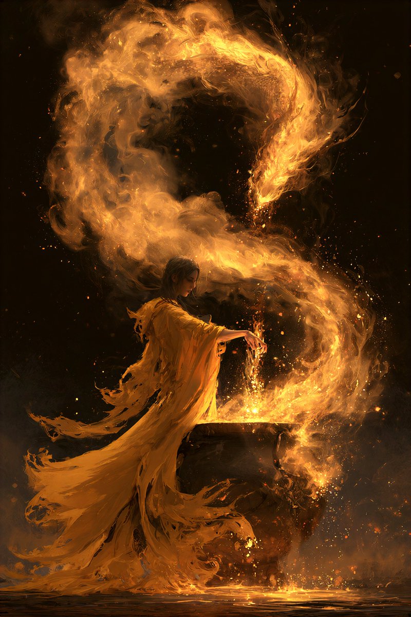 一个神秘的场景,一个人物身披飘逸鲜艳的黄色破旧长袍,站在一口大锅前,将发光的魔法材料投入锅中。从锅中升起一条壮丽的火焰巨龙,它由旋绕的发光烟雾…, 图片 4