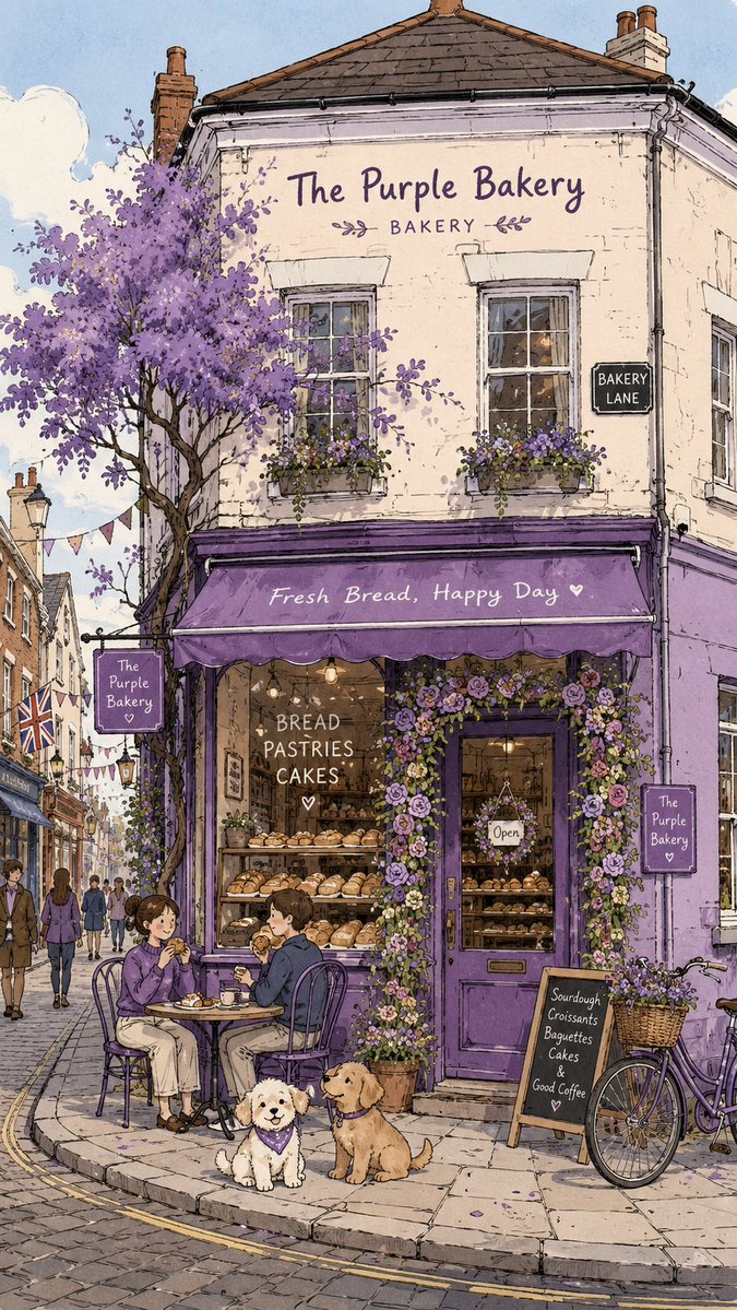 英国街上的紫色烘焙店，是一栋两层楼的店面，位于街角，出售各式面包，吸引了许多顾客。门口装饰着鲜艳的花朵，门口摆放着椅子，顾客坐在那里吃面包，门…, 图片 1