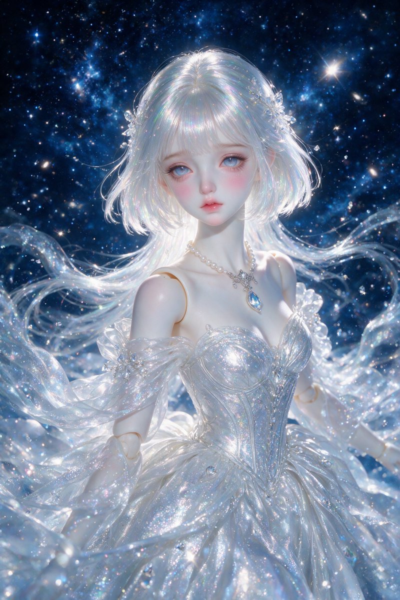 一位令人惊叹的天体球关节人偶公主漂浮在深邃的宇宙星空中,上半身肖像,精致的瓷质BJD人偶,极其美丽空灵的面容,苍白半透明的瓷质皮肤,肩膀和肘部…, 图片 1