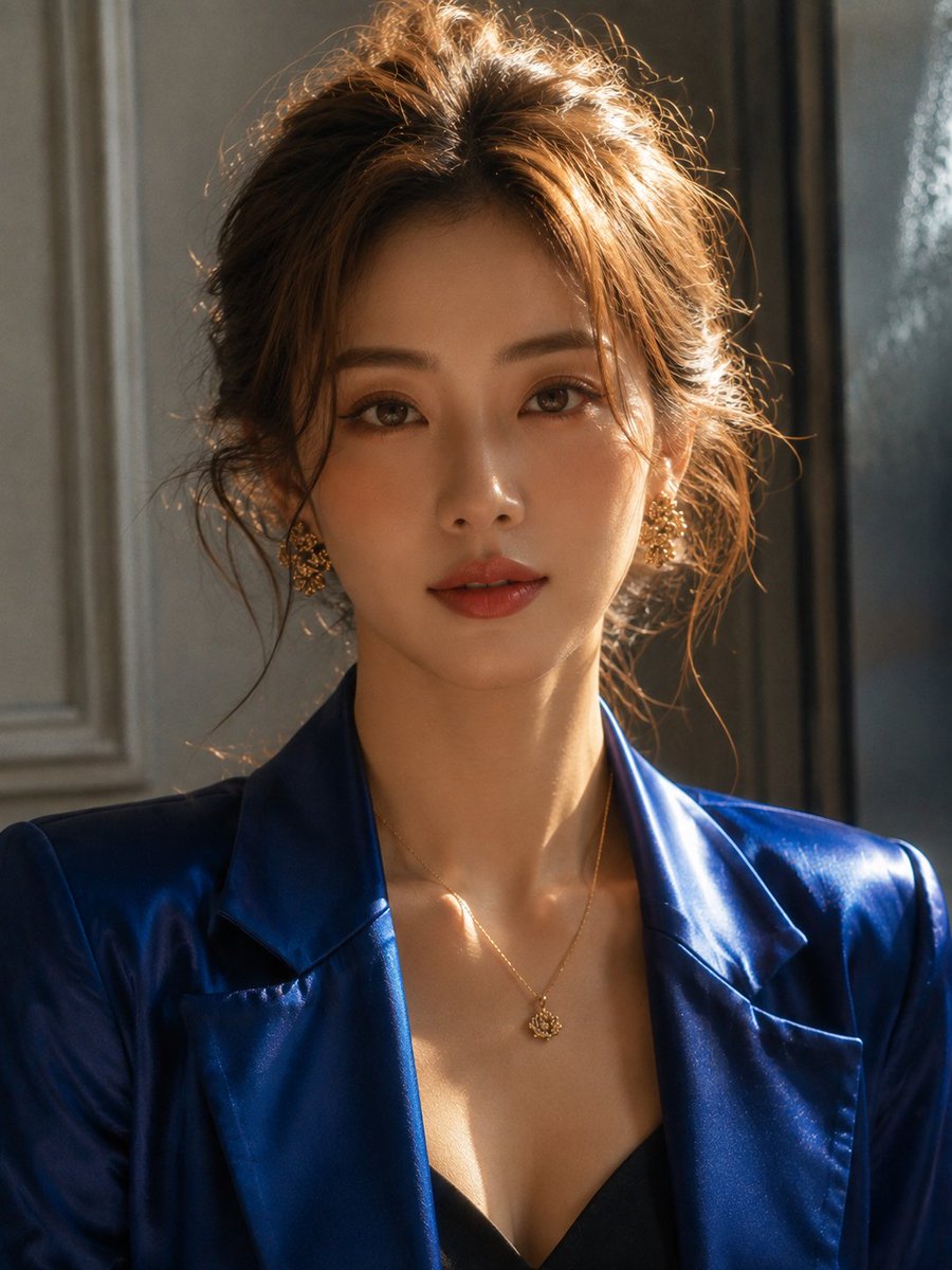 一张特写电影感人像照片，展现一位年轻女性优雅的侧脸轮廓，面朝右侧。她的浅棕色头发松松地扎成一个凌乱的发髻，几缕精致的碎发捕捉着光线。她的面部特…, 图片 2