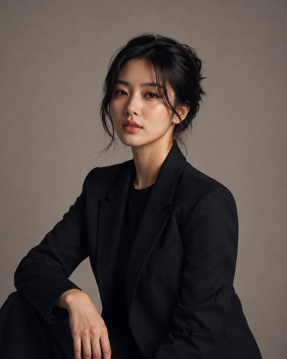 创建一幅高度写实的豪华工作室摄影,主体为一位明显成年的韩国女性,身着优雅、精致的服装,造型精致且裁剪完美。她看起来自然吸引人、自信、优雅且不费…, 图片 1