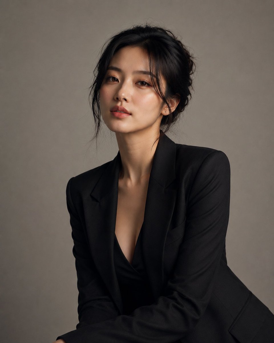 创建一幅高度写实的豪华工作室摄影,主体为一位明显成年的韩国女性,身着优雅、精致的服装,造型精致且裁剪完美。她看起来自然吸引人、自信、优雅且不费…, 图片 2