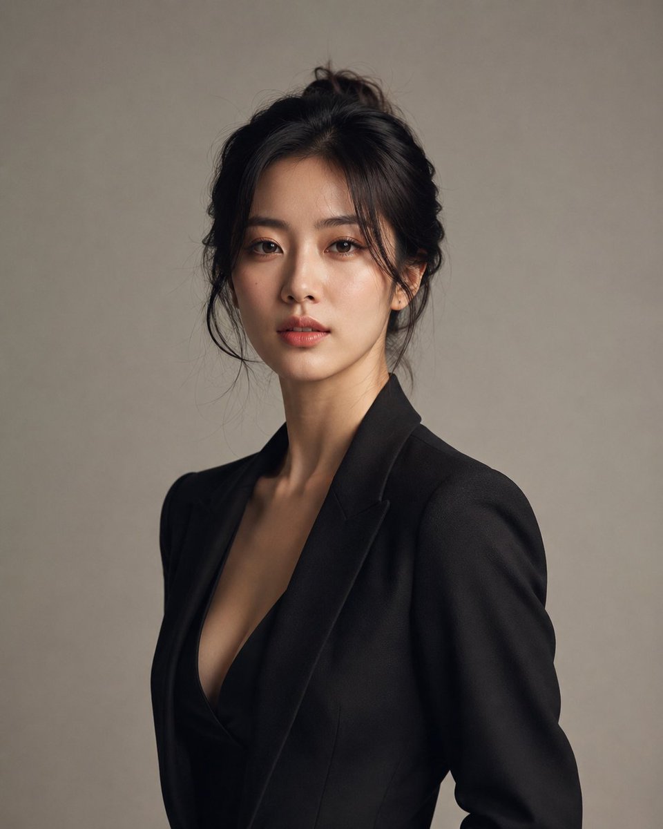 创建一幅高度写实的豪华工作室摄影,主体为一位明显成年的韩国女性,身着优雅、精致的服装,造型精致且裁剪完美。她看起来自然吸引人、自信、优雅且不费…, 图片 3