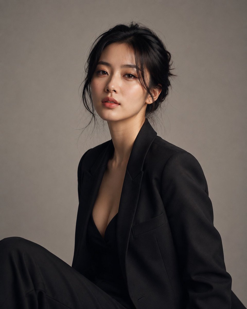 创建一幅高度写实的豪华工作室摄影,主体为一位明显成年的韩国女性,身着优雅、精致的服装,造型精致且裁剪完美。她看起来自然吸引人、自信、优雅且不费…, 图片 4