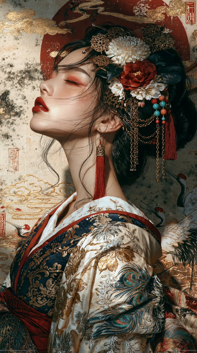 超精细肖像，美丽的日本女性，侧面朝右，头部后仰，双眼微闭，嘴唇微张，表情宁静安详。无瑕瓷器般肌肤，柔和红色眼影，深朱红唇彩，优雅纤长的脖颈。日…, 图片 1