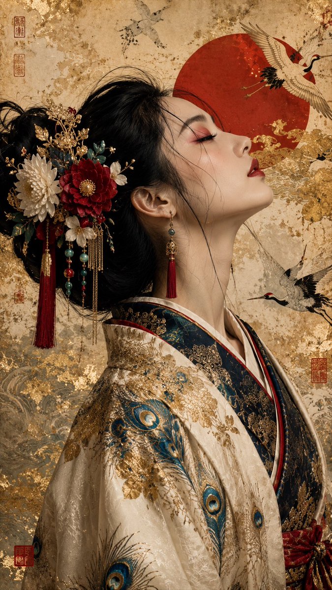 超精细肖像，美丽的日本女性，侧面朝右，头部后仰，双眼微闭，嘴唇微张，表情宁静安详。无瑕瓷器般肌肤，柔和红色眼影，深朱红唇彩，优雅纤长的脖颈。日…, 图片 2