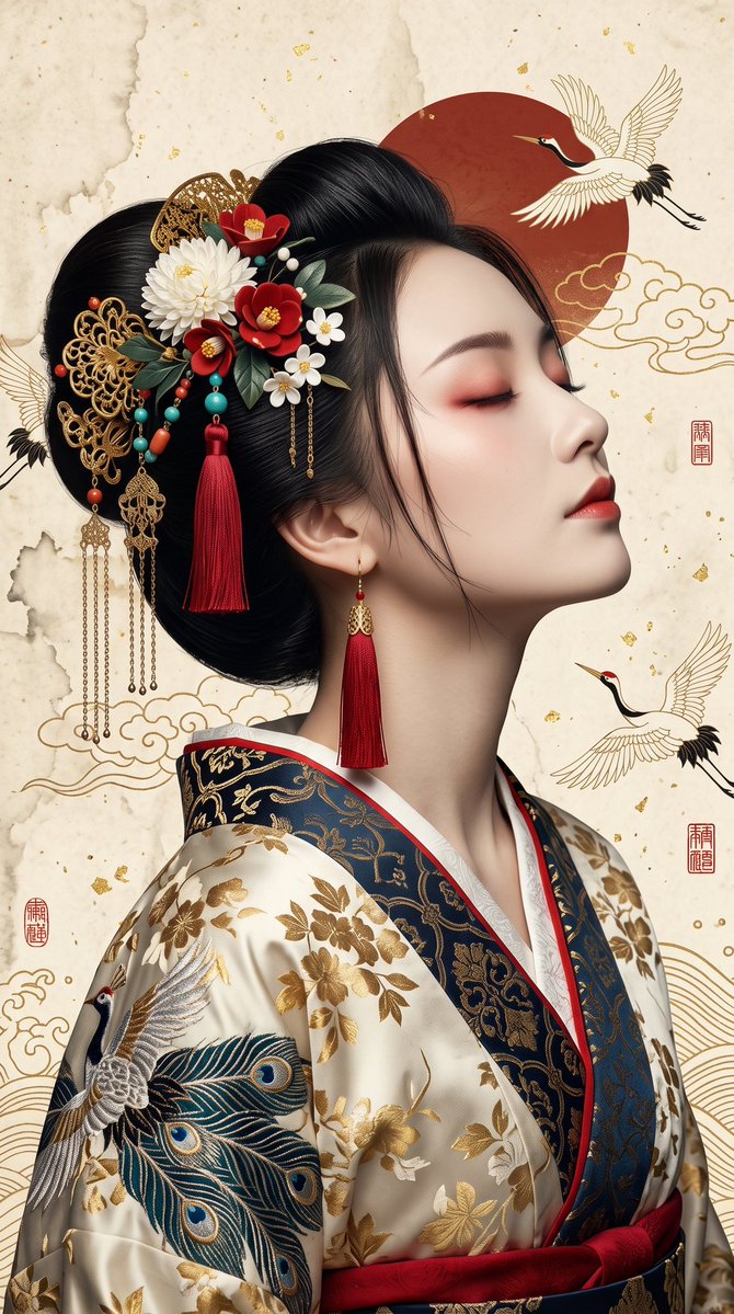 超精细肖像，美丽的日本女性，侧面朝右，头部后仰，双眼微闭，嘴唇微张，表情宁静安详。无瑕瓷器般肌肤，柔和红色眼影，深朱红唇彩，优雅纤长的脖颈。日…, 图片 3