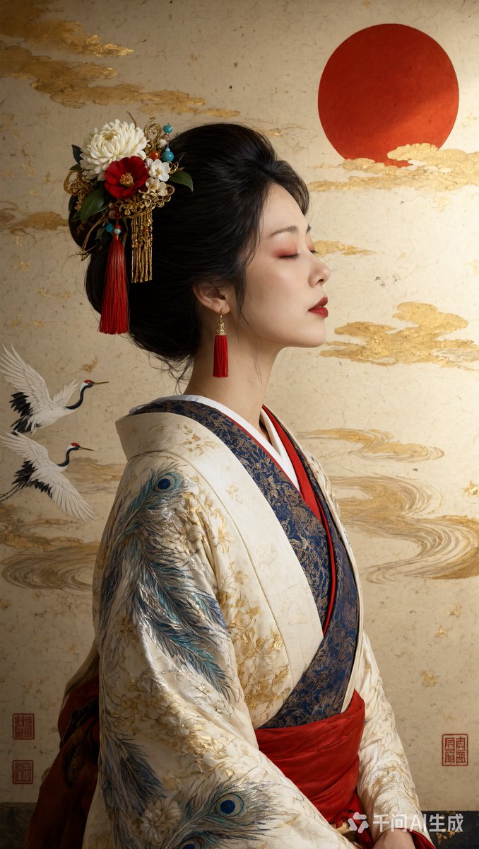 超精细肖像，美丽的日本女性，侧面朝右，头部后仰，双眼微闭，嘴唇微张，表情宁静安详。无瑕瓷器般肌肤，柔和红色眼影，深朱红唇彩，优雅纤长的脖颈。日…, 图片 4