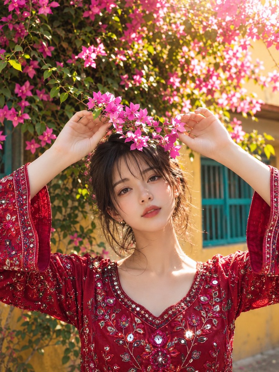 超写实、摄影级真实感的人像肖像：一位年轻的南亚女性，站立在户外一个美丽的传统庭院中，四周环绕着郁郁葱葱的三角梅藤蔓，藤蔓上开满了鲜艳的粉色花朵…, 图片 2