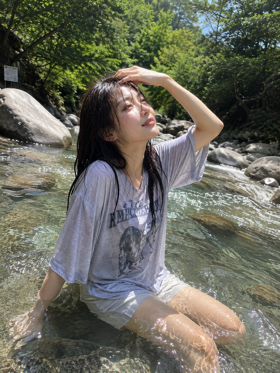 超写实、抓拍感的户外照片：晴朗的夏日，一位年轻成年东亚女性坐在清澈的浅山溪中。她留着笔直的深棕黑色头发，自然湿润的头发轻轻贴在脸上，柔软轻盈的…, 图片 1