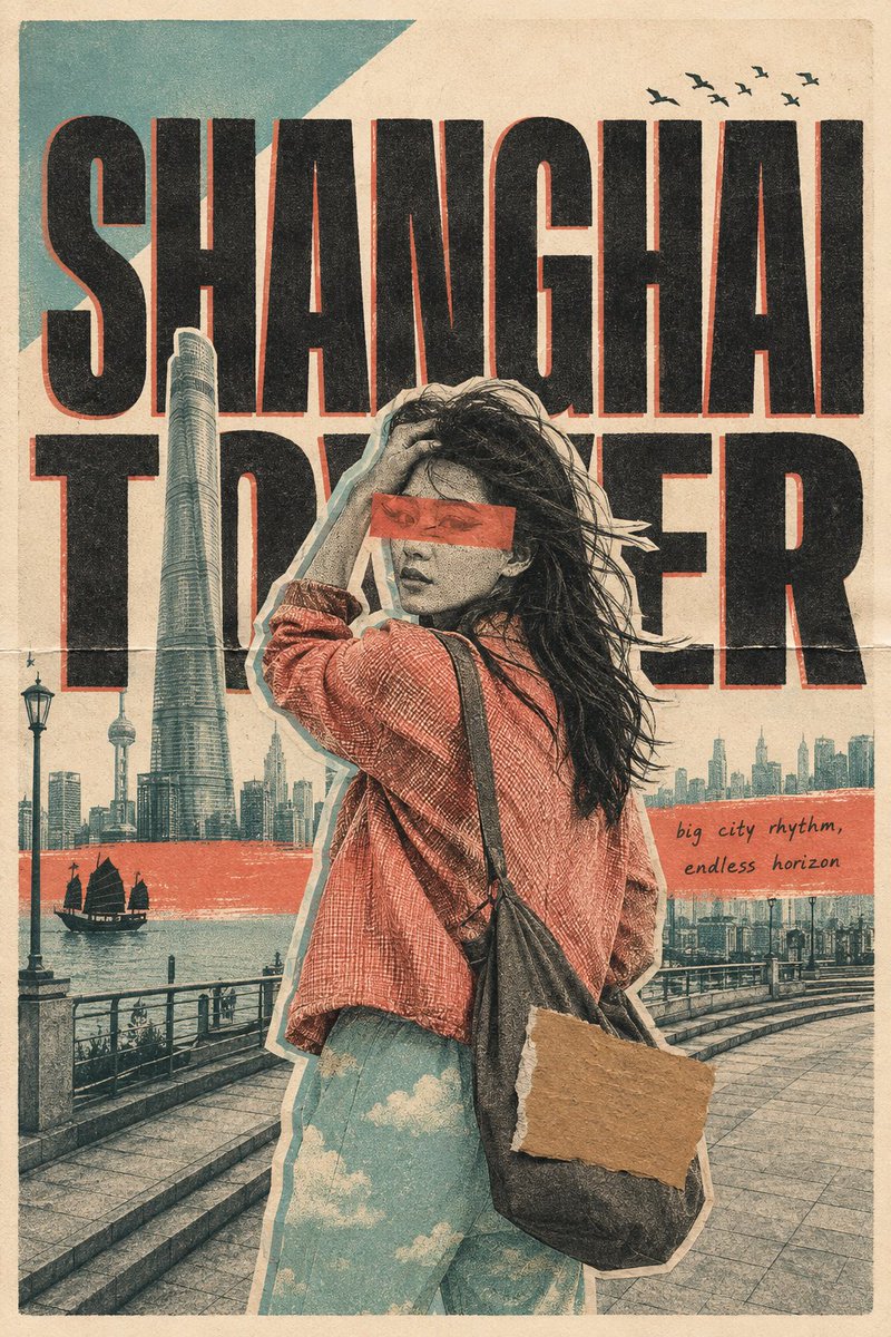 格式。3:4 纵向旅行海报——手工 risograph 丝网印刷与剪纸拼贴,扫描自实体纸张。, 图片 1