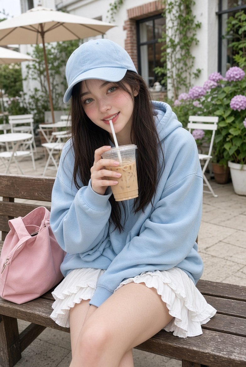 一位年轻女性，皮肤白皙，眼睛呈浅绿色与淡褐色相间的榛色，妆容柔和自然，笑容温暖温柔，长长的深棕色头发，坐在咖啡馆露台上一张温馨的木质户外长椅上…, 图片 1