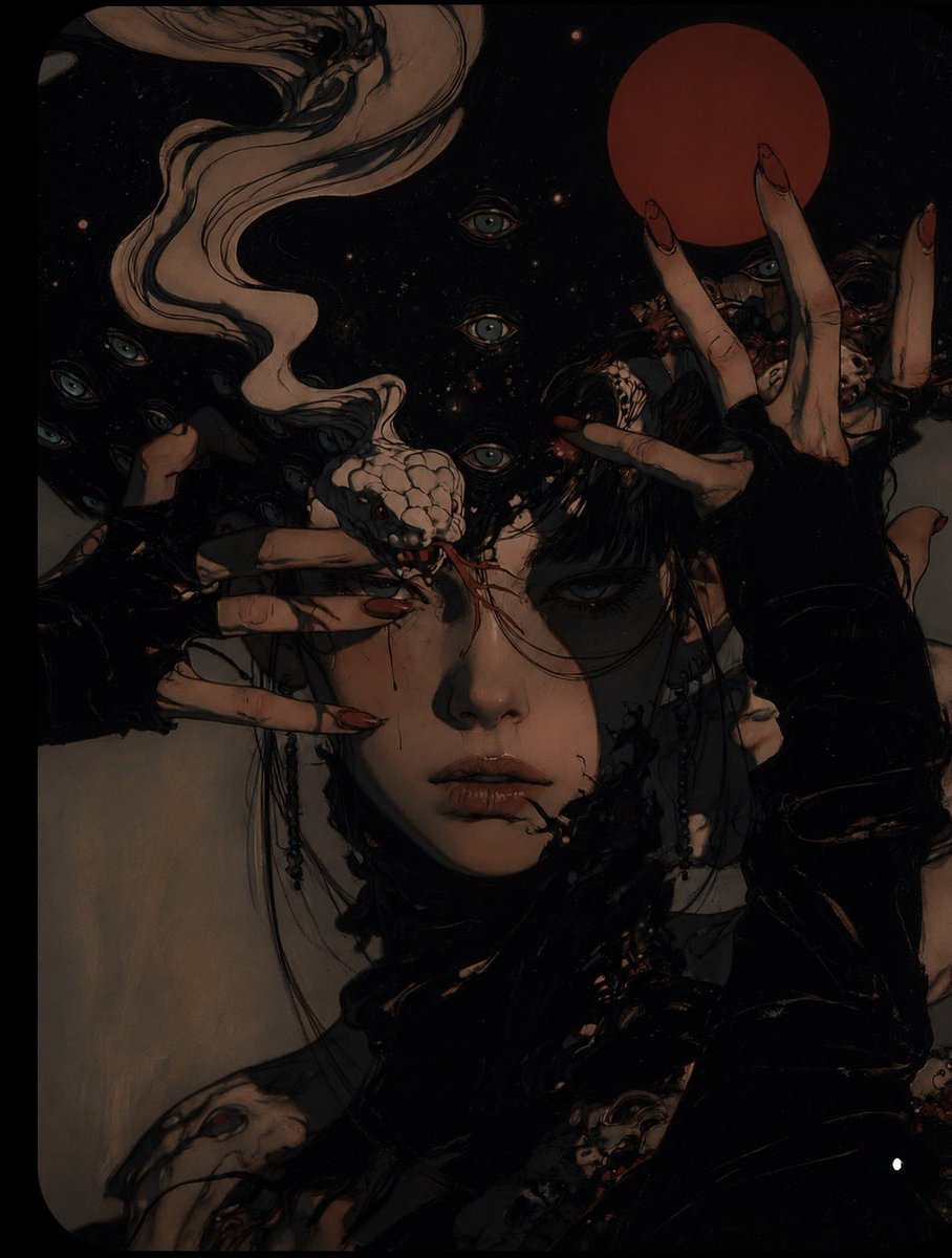 一幅高度精细的超现实哥特恐怖肖像画，描绘一位苍白的年轻女性，留着黑色短发，居于紧凑的竖幅构图正中。她的神情平静、忧郁、令人难忘且情感疏离，眼妆…, 图片 1